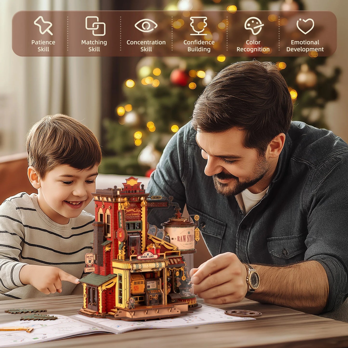 ROKR Dream Gift Factory Wooden 3D Puzzle DIY Mini Dollhouse Model Building Kit with Music & LED Lights 449 Pieces Assembly Toys for Adults Teens