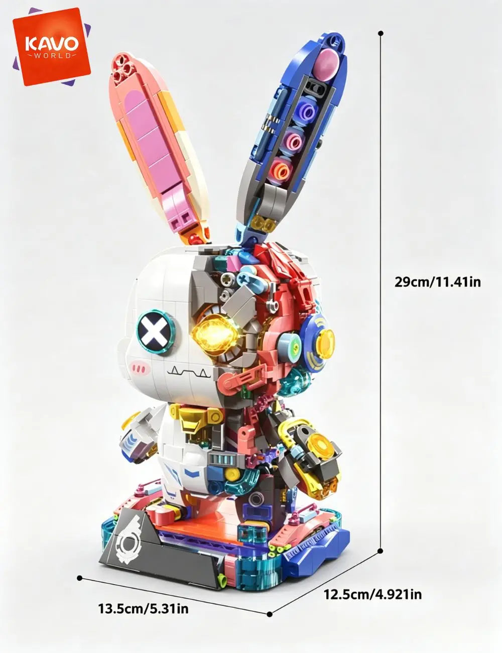 KAVOWORLD 1377pcs Mecha Technical Rabbit Building Blocks Set Cyber Bunny Model Kit Mechanical Animal Building Bricks Robot Bunny Figure Cyborg Toy Tech Bunny LED Light Up Glow in Dark Collectible Display Posable Joints DIY As