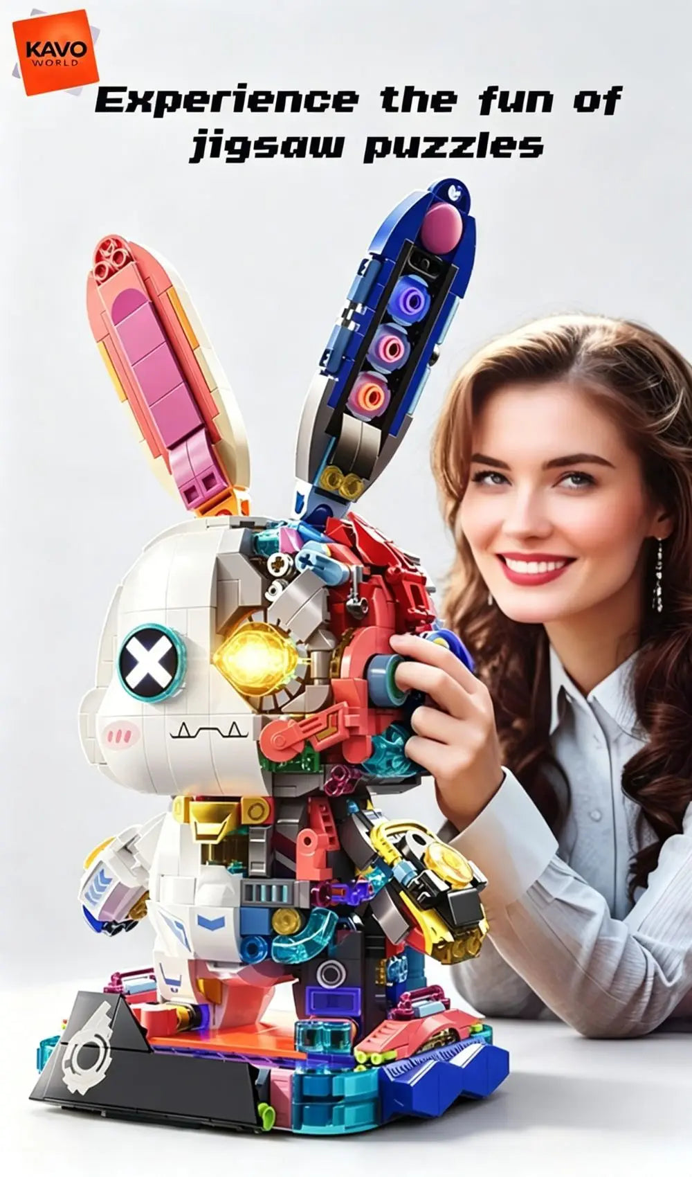 KAVOWORLD 1377pcs Mecha Technical Rabbit Building Blocks Set Cyber Bunny Model Kit Mechanical Animal Building Bricks Robot Bunny Figure Cyborg Toy Tech Bunny LED Light Up Glow in Dark Collectible Display Posable Joints DIY As