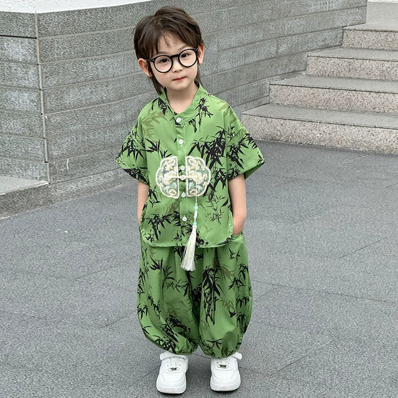 Fashion Baby Tang Costume Tops Pants Two-piece Set Boy Outfit Casual Children's Sets Summer Tweens Boys Hanfu Suit Kids Clothing