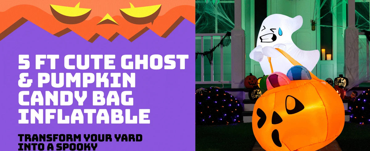5 FT Tall Halloween Inflatables Outdoor Decorations Cute Ghost Blow Up Ghost Lift Pumpkin Candy Bag with Build-in LEDs For Halloween Gifts