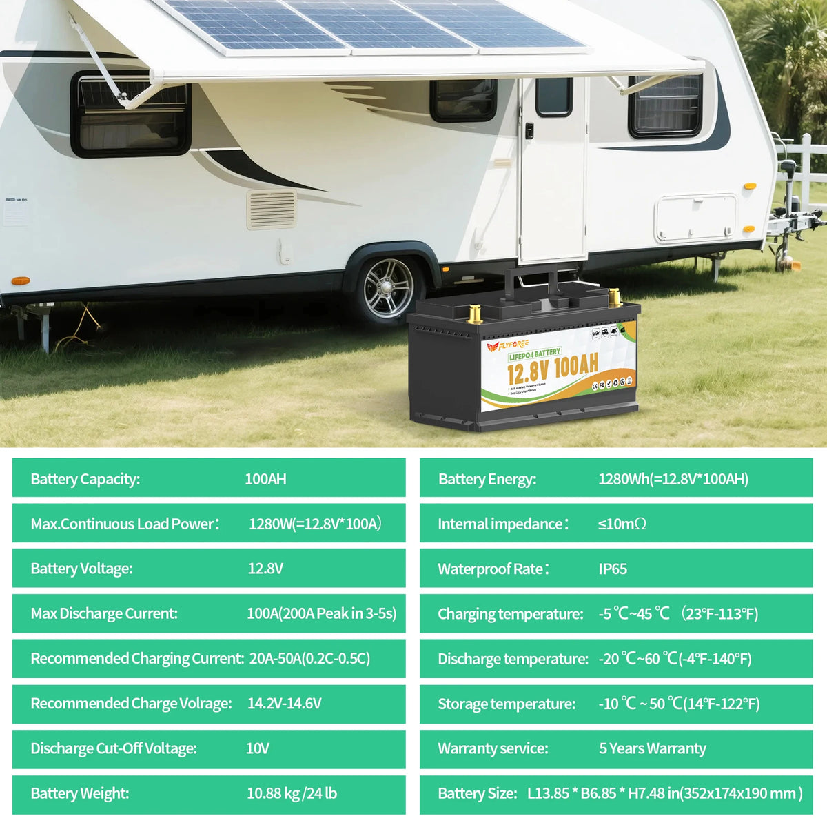 FLLYROWTH 12V 100Ah LiFePo4 Lithium Battery Pack With Bluetooth 100A BMS For RV Boat Motor Inverter Solar Wind Off-Road Off-grid LiFePO4 Batter
