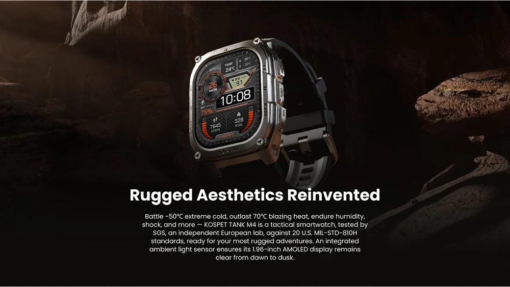 KOSPET Tank M4 Smart Watch Stainless Steel 6-Sat GPS Offline Maps 10ATM Waterproof 45M Dive 24/7 Health Monitor for Android iOS