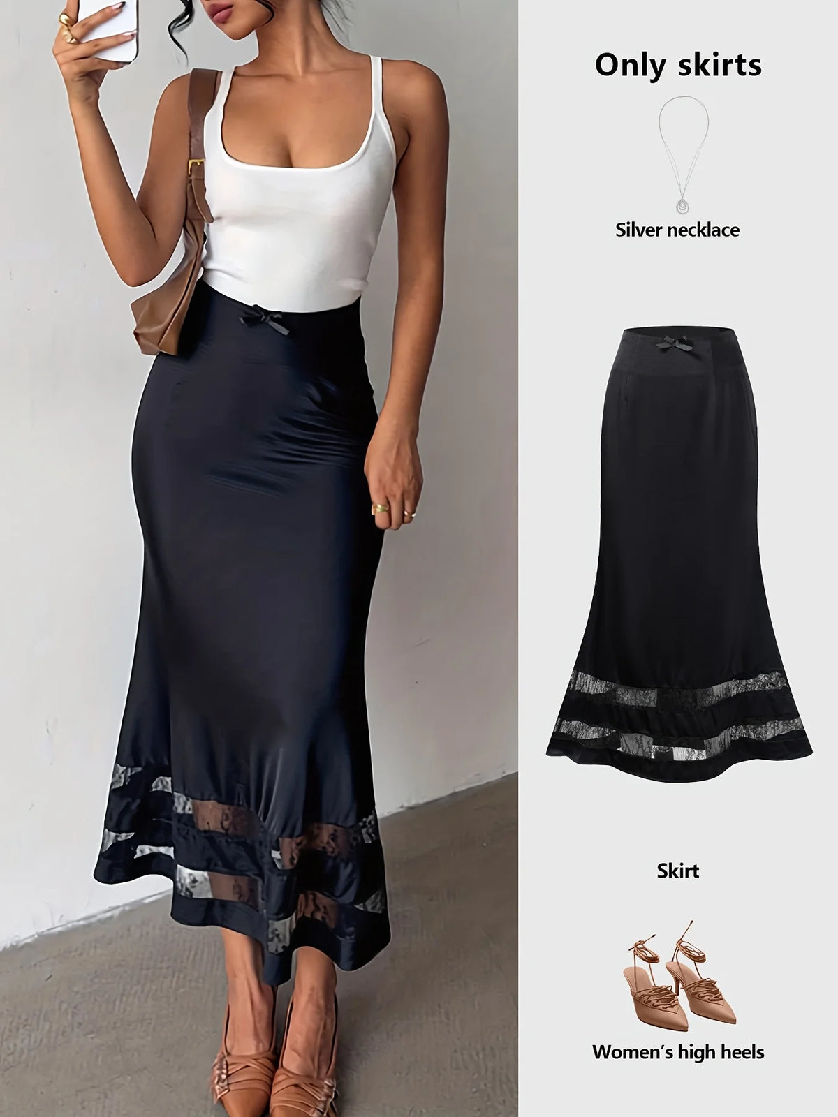 Elegant Satin Ruffle Hem A-Line Long Skirt