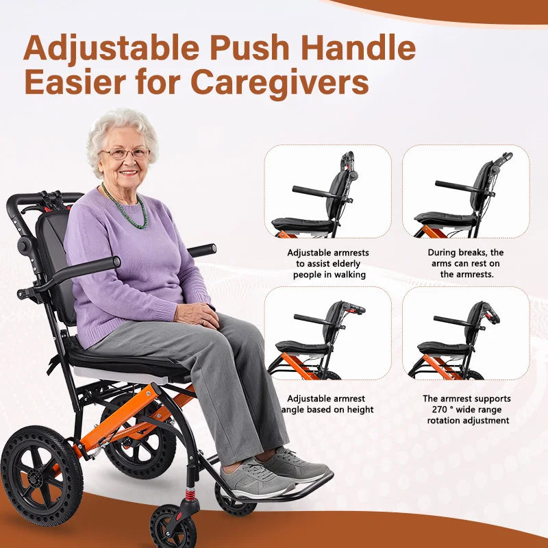 Premium Lightweight Transport Wheelchair for Seniors & Adults, Ergonomic Folding Travel Wheelchair with Adjustable Caregiver