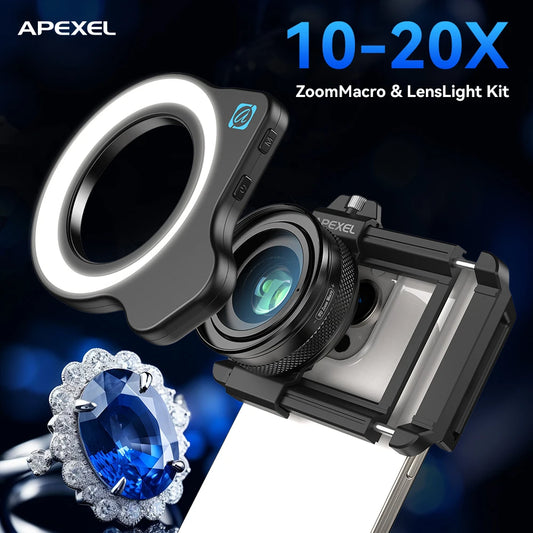 APEXEL 10-20X Zoom Macro Lens With LED Fill Light HD Micro Phone Camera Lenses Support Eye Macro Photography for iPhone Samsung Xiaomi Huawei Oppoand All Smartphones