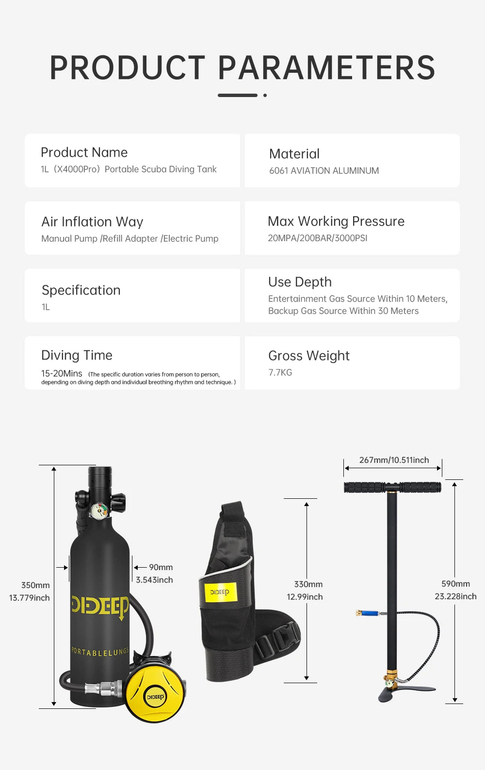 DIDEEP 1Liter Mini Scuba Diving Tank Set, 15-20Mins Underwater Diving Cylinder, Easy to Use, Portable Lungs Bottle with 3000 PSI,Summer Diving for Cooling off ,Suitable for Outdoor Activities and Travel,Summer Diving for Cool