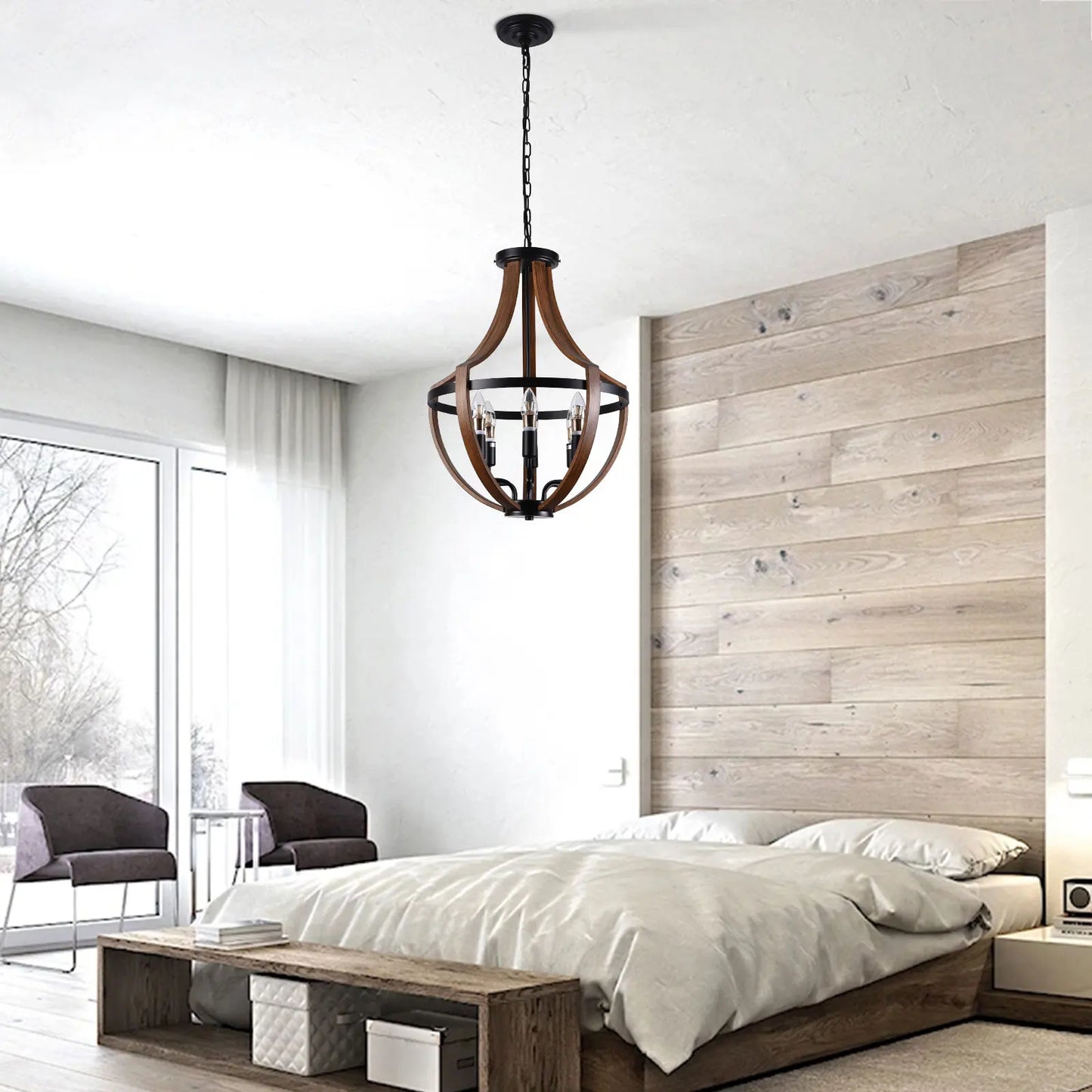 Modern Rustic Wooden Pendant Light Fixture - 17 Inch Diameter - Handmade Natural Wood Kitchen Dining Room Lighting
