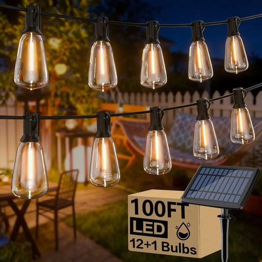 ST38 Solar String Lights 100FT Outdoor, 24 E12 LED Bulbs 2700K Warm White, Waterproof Shatterproof Black Wire Patio Lights
