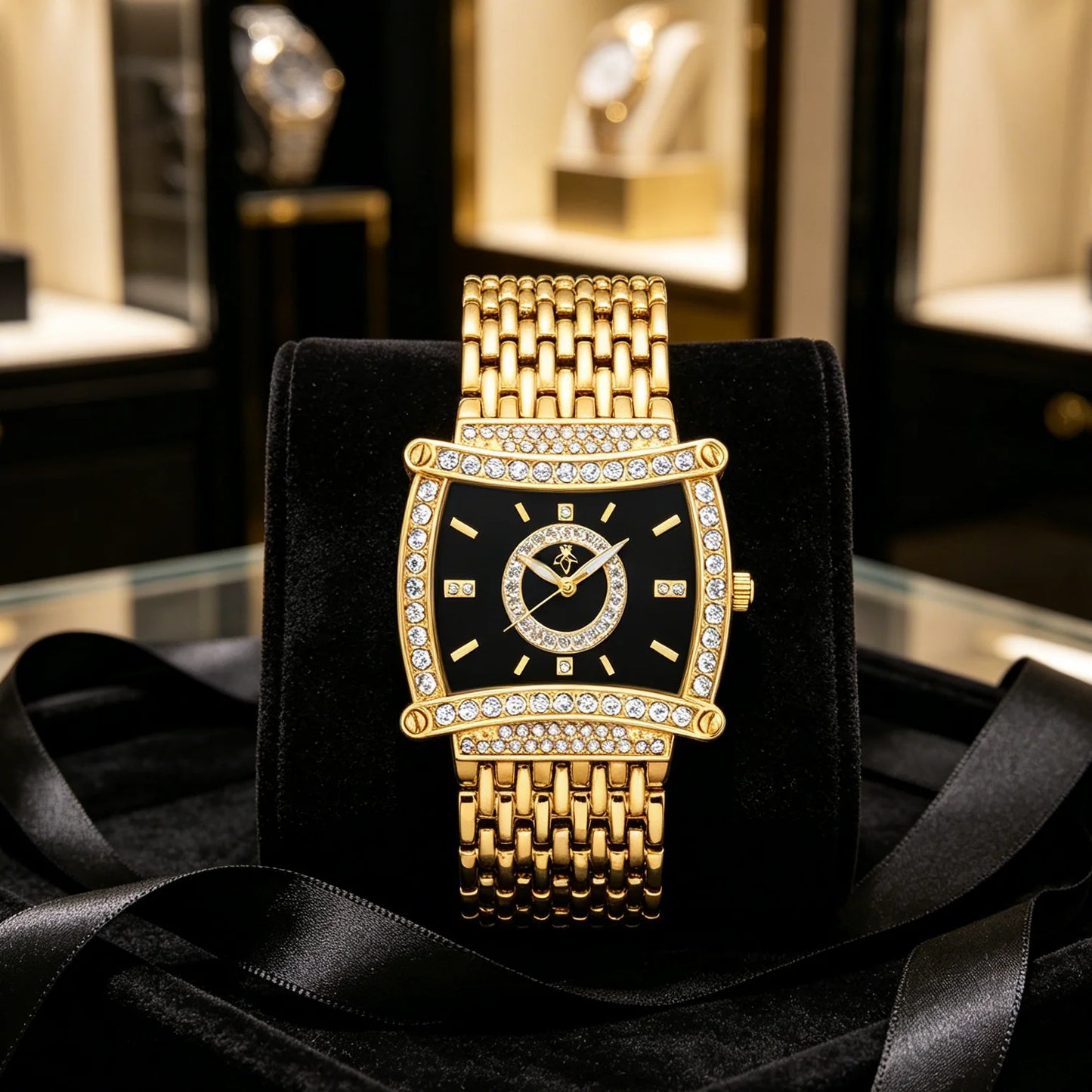 YaLaLuSi Fashion Waterproof Sports Watch Women, Gold Diamond Black Dial Square Wristwatch, Luxury Dress Timepiece, Free Shipping