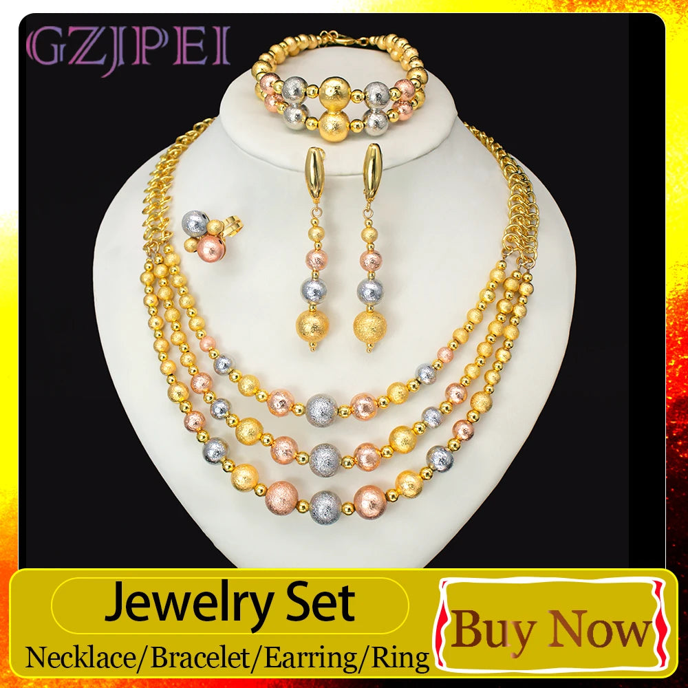 GZJPEI 4 Pcs/set 2026 Fashion Women Jewelry Set Multi Layer Three Tone Beads Jewelry Accessories For Lady Birthday Gifts