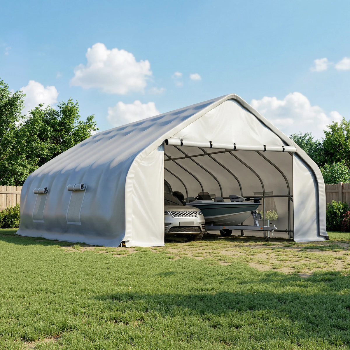 Polar Aurora 20x30 FT Heavy Duty Curved Carport, Portable Car Tent Garage with Reinforced Galvanized Steel Frame, Enclosed Car Port Canopy with Roll-Up Windows & Doors for Truck, Boat, Silver