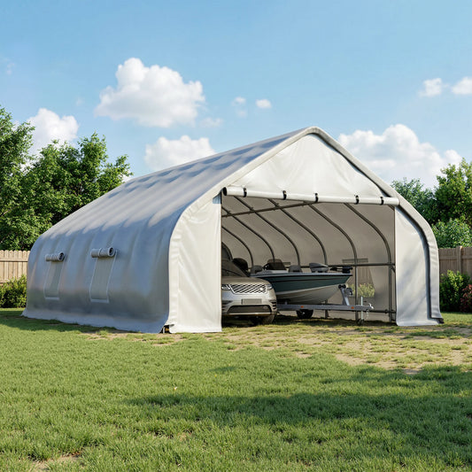 Polar Aurora 20x30 FT Heavy Duty Curved Carport, Portable Car Tent Garage with Reinforced Galvanized Steel Frame, Enclosed Car Port Canopy with Roll-Up Windows & Doors for Truck, Boat, Silver