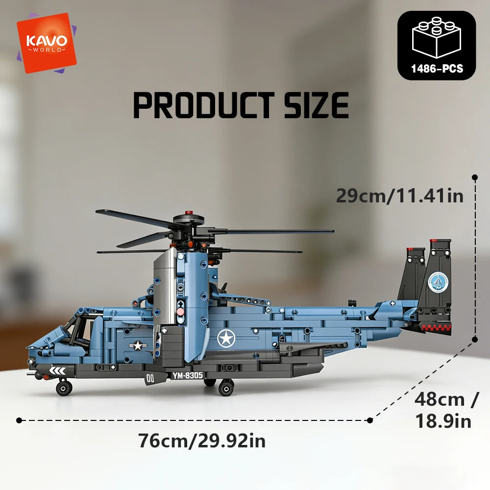 KAVOWORLD 1486PCS Military V-22 Transport Aircraft Helicopter Building Blocks Set STEM Gift DIY Assembly Airplane Bricks Toys