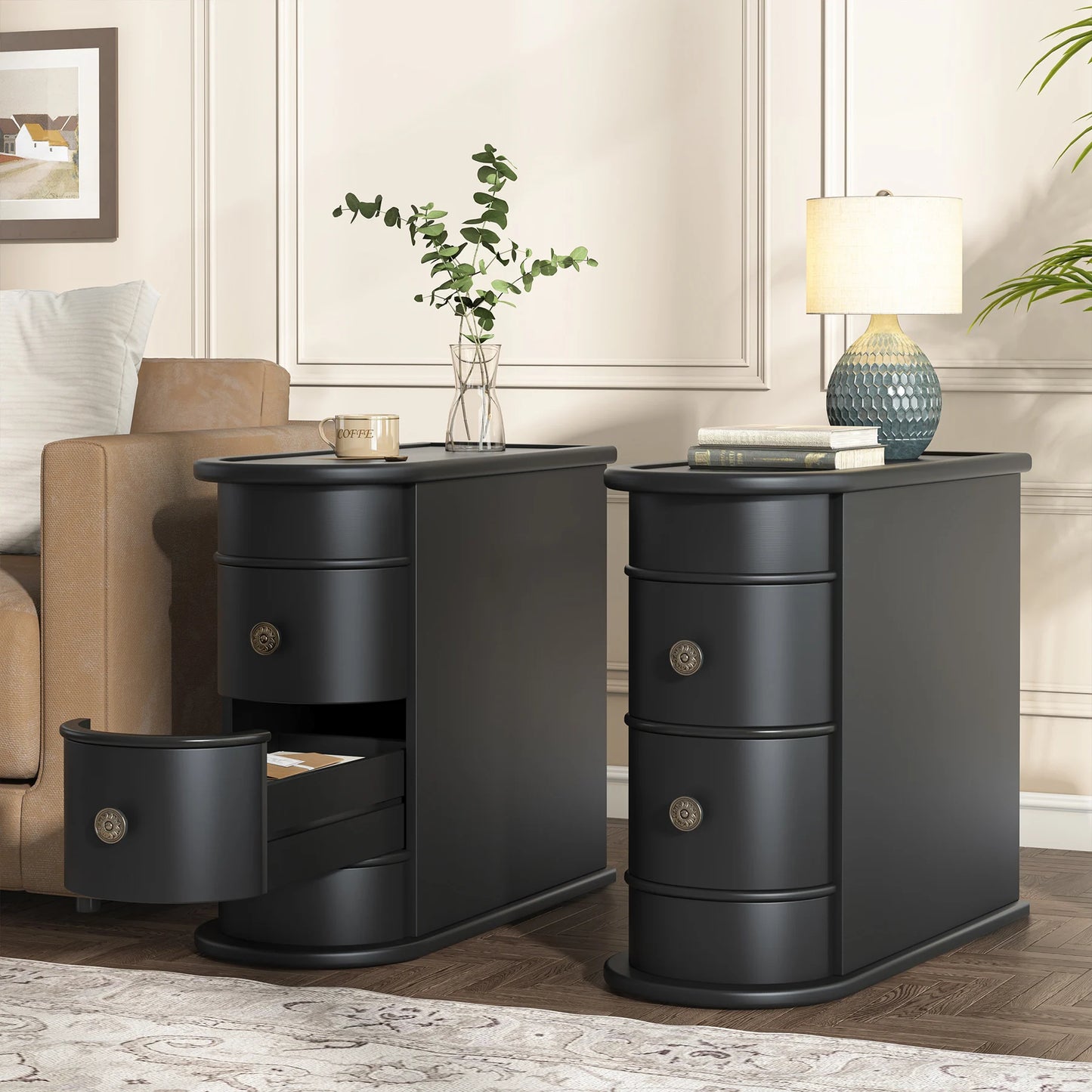 Tribesigns End Table Round Solid Wood Sofa Bedside Narrow Bedroom Side Table Nightstand with Drawer
