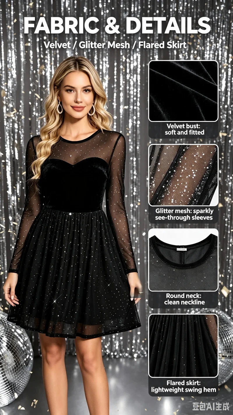 Women Black Velvet Mesh Glitter Mini Dress Long Sleeve Round Neck Heart Cutout A Line Flared Skirt Cocktail Birthday Party Night Club Evening Dress