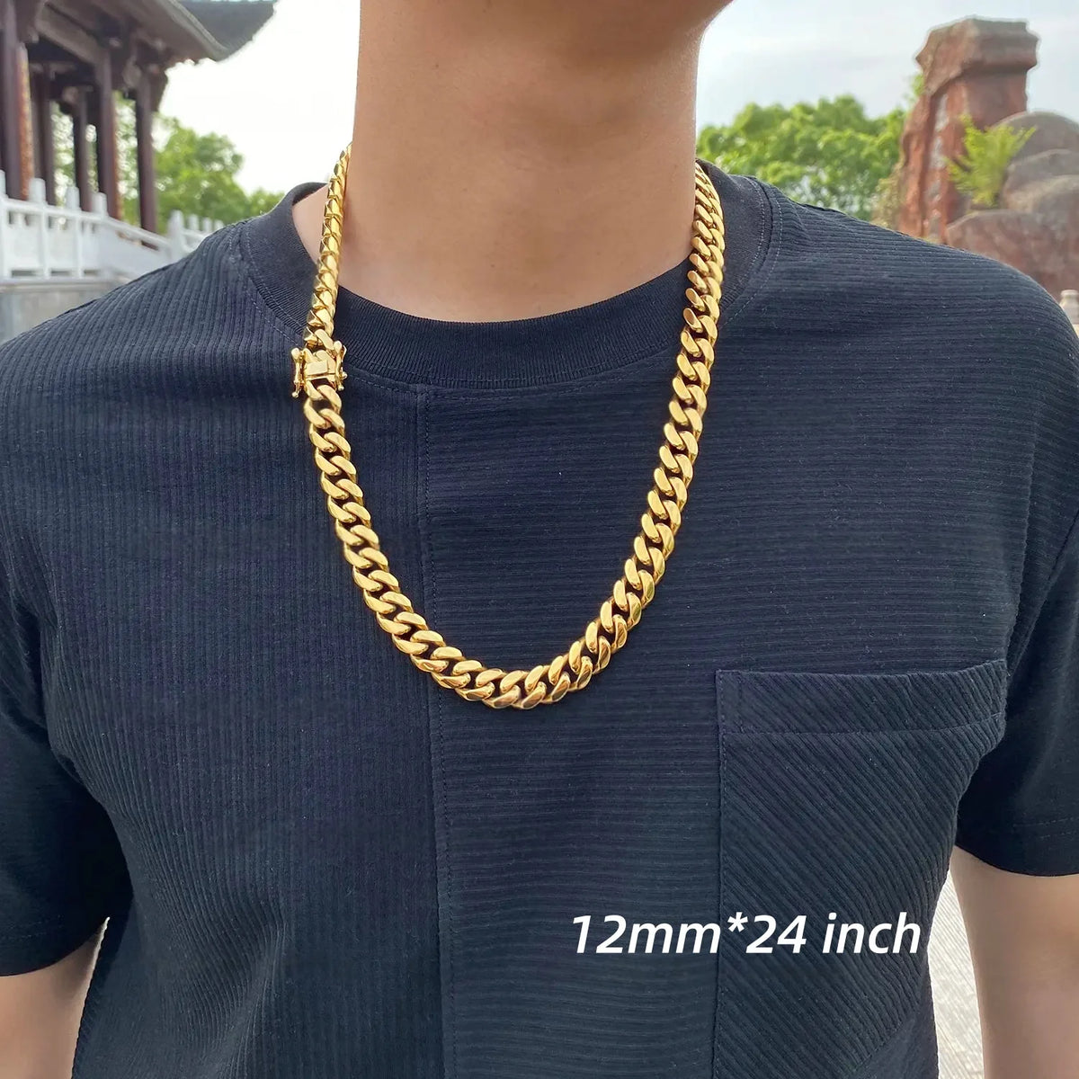 12mm Hip Hop Bling Gold Color Stainless Steel Dense Cuban Miami Link Chain Necklaces for Men Rapper Jewelry Drop Shipping