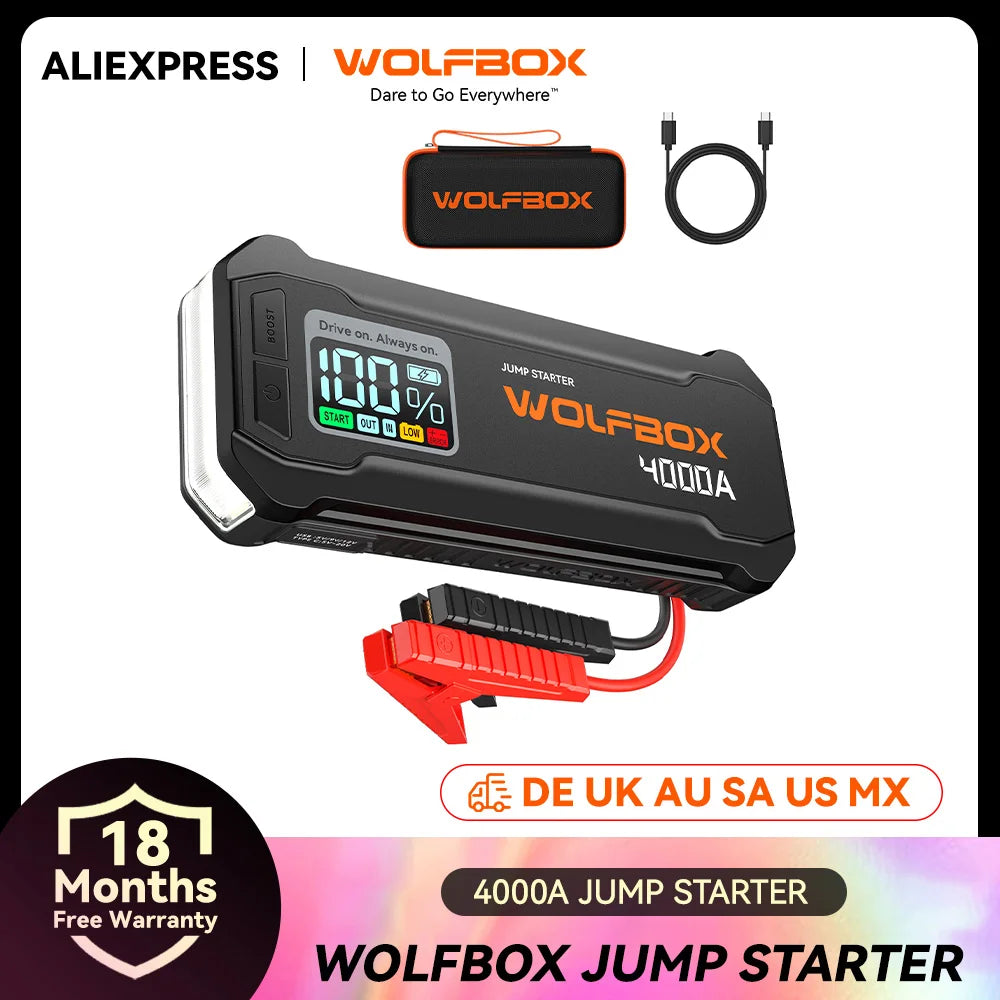 Wolfbox 4000a Portable Jump Starter And 24000 Mah Power Bank