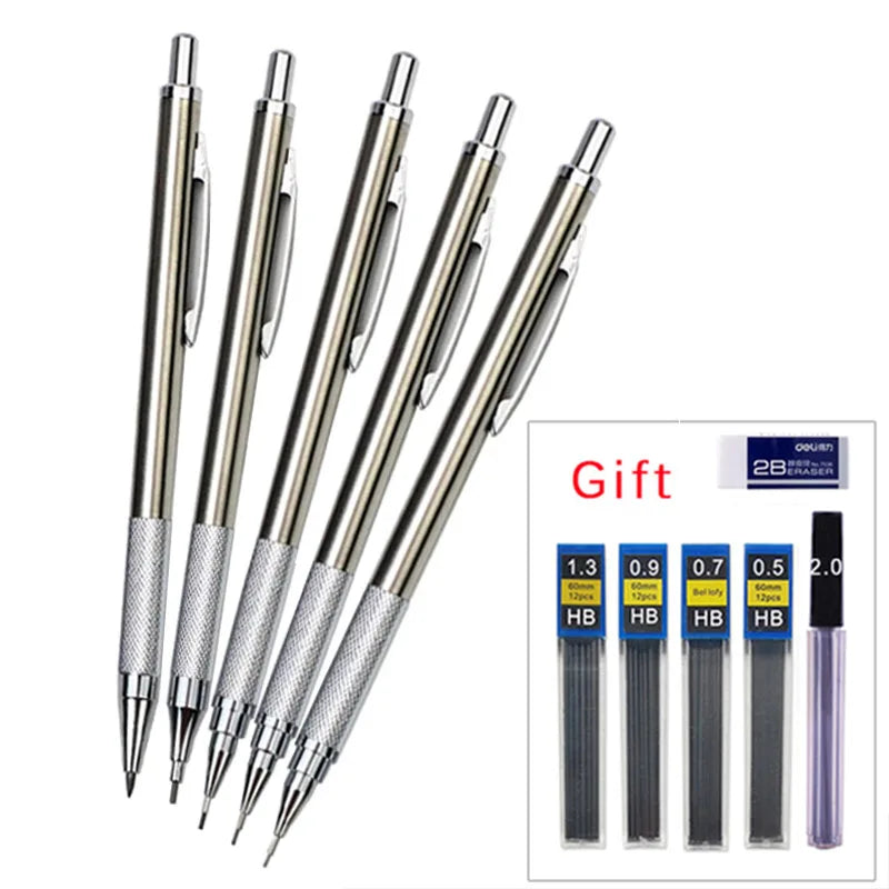 Mechanical Pencil Set Full Metal – Professional Art Drawing Automatic Pencil with Leads, Smooth Writing Sketching Tool for Office School Students