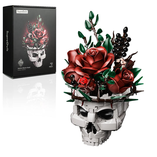 SupreOwls Skull Flowers Building Blocks Set Gothic Roses Bouquet Toy Skeleton Planter Pot Floral Decor Collection Gift for Adult