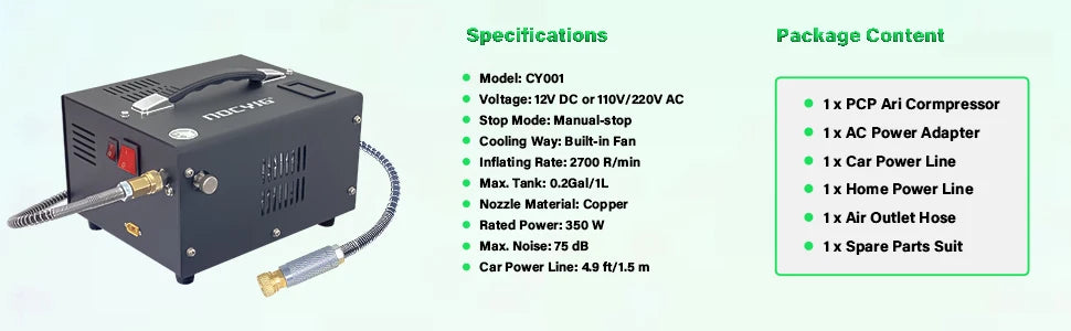 4500Psi 30Mbar Portable PCP Air Compressor Pump 12VDC/110V Power Oil/Water-Free High Pressure Diving Bottle