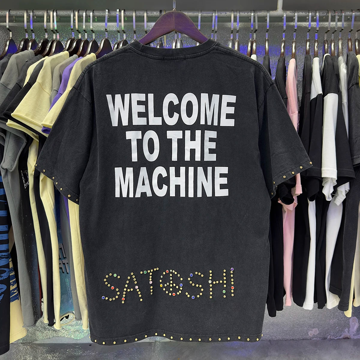 Free shipping New Satoshi Nakamoto fashion T-shirt hotfix rhinestone and Printed with Washed Oversized 100% cotton Men Women T-shirts Y2K Fashion streetwear