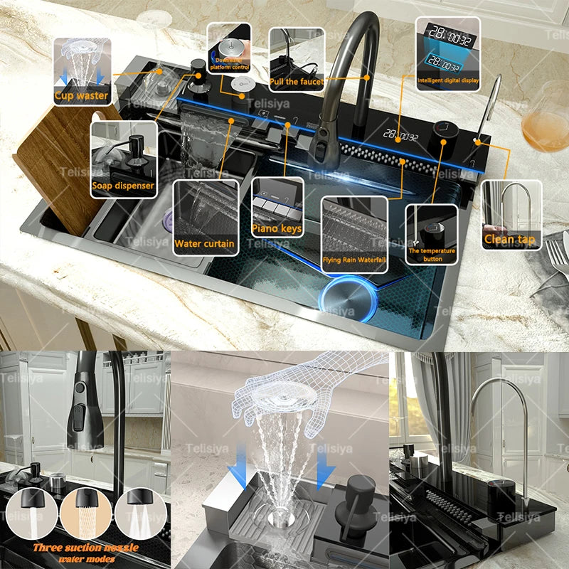 Stainless Steel Kitchen Sink Multifunctional Digital Display Waterfall Large Single Slot Ships from the U.S.