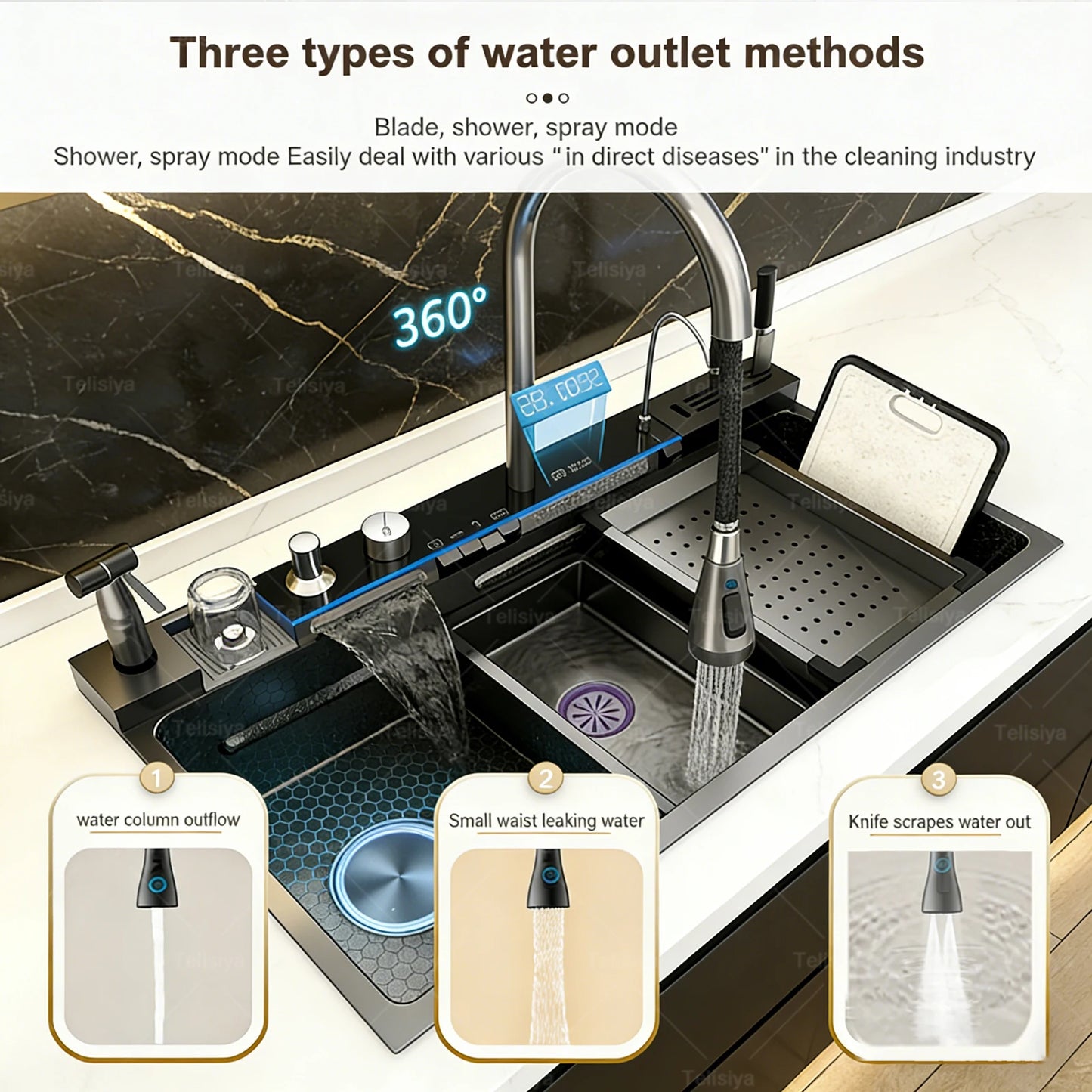 Stainless Steel Kitchen Sink Multifunctional Digital Display Waterfall Large Single Slot Ships from the U.S.