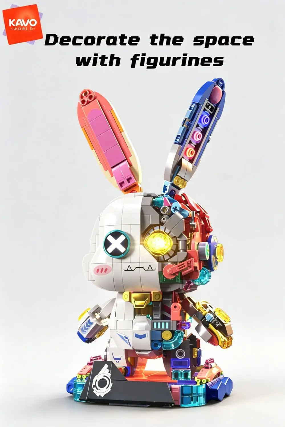 KAVOWORLD 1377pcs Mecha Technical Rabbit Building Blocks Set Cyber Bunny Model Kit Mechanical Animal Building Bricks Robot Bunny Figure Cyborg Toy Tech Bunny LED Light Up Glow in Dark Collectible Display Posable Joints DIY As