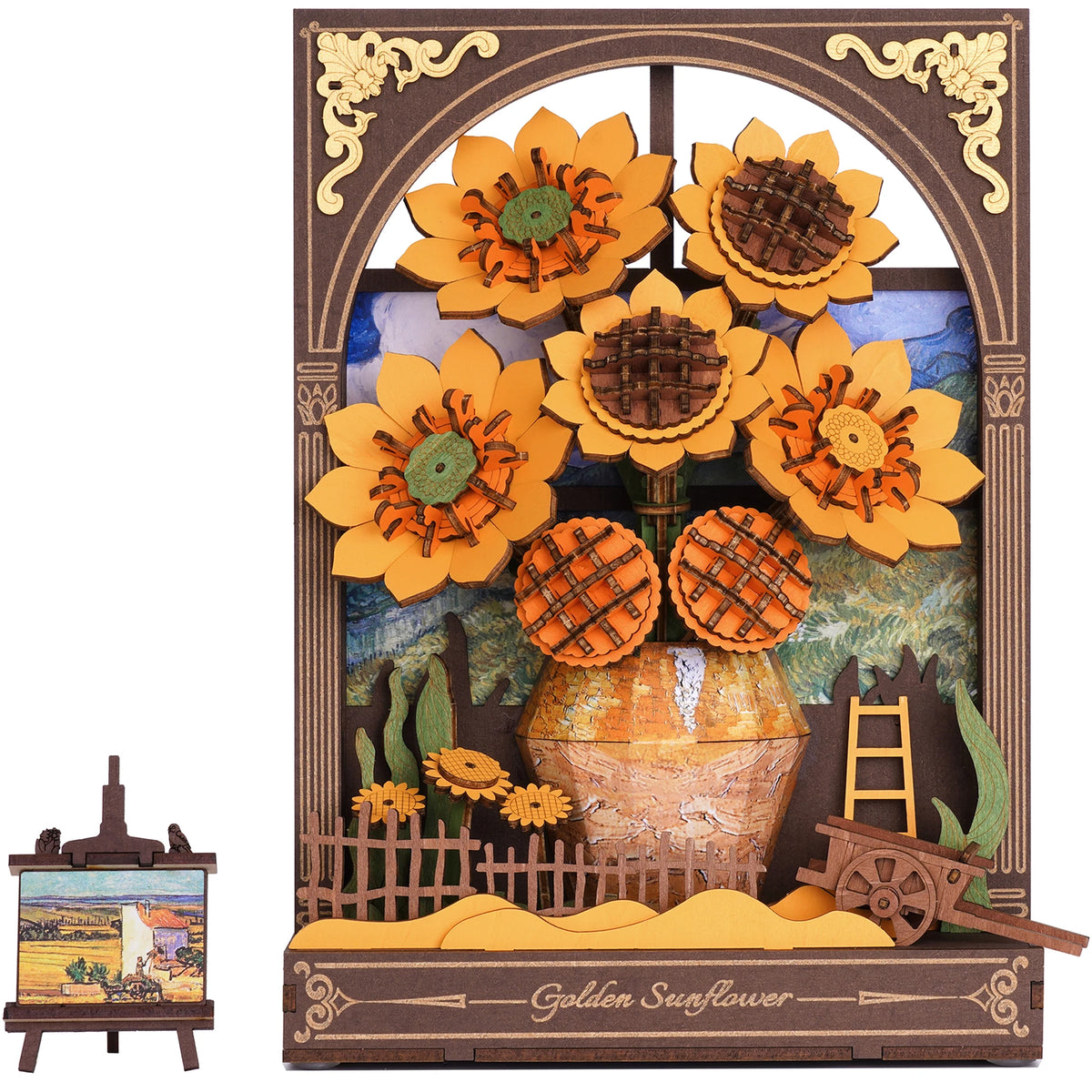 ROKR Wooden Flower Golden Sunflower Building Sets for Adult with Lights TH002, Van Gogh Wall Art Crafts, Painting Frame Room Decor, Valentine's Day/Anniversary/Birthday Gifts for Women, 266PCS