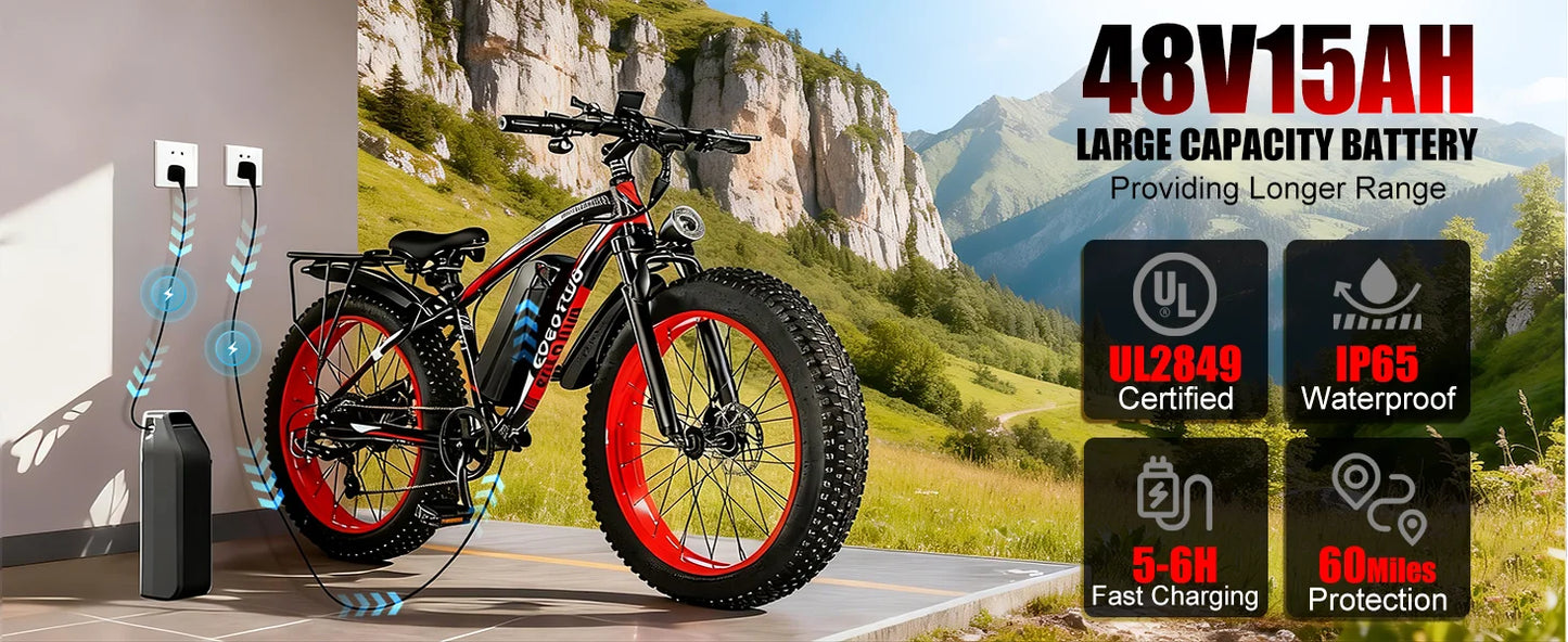 Electric Bike for Adults 1500W Peak Motor 34MPH Fast Speed 48V 15Ah Battery 26" Fat Tire Mountain Ebike 390lbs Max Load Aluminum
