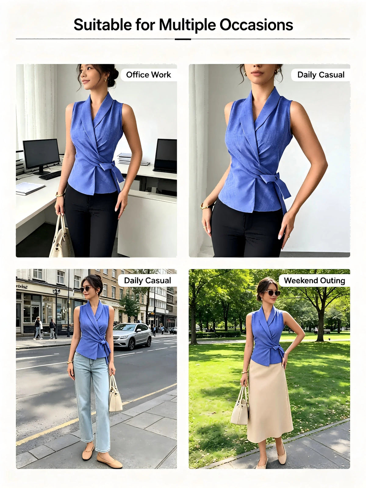 Women Blue Wrap Tie Waist Blouse Sleeveless V-Neck Slim Fit Office Casual Summer Top