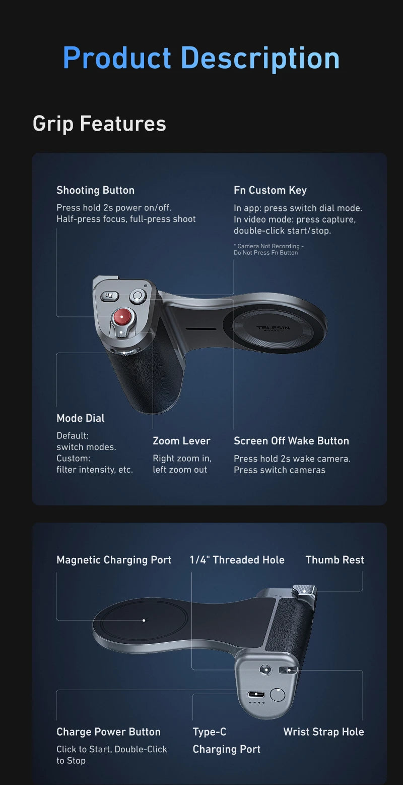 TELESIN Master Grip Set for iPhone17 Pro Pro Max Magnetic Phone Camera Hand Grip Holder 3200Mha Powerbank with Wireless Charging
