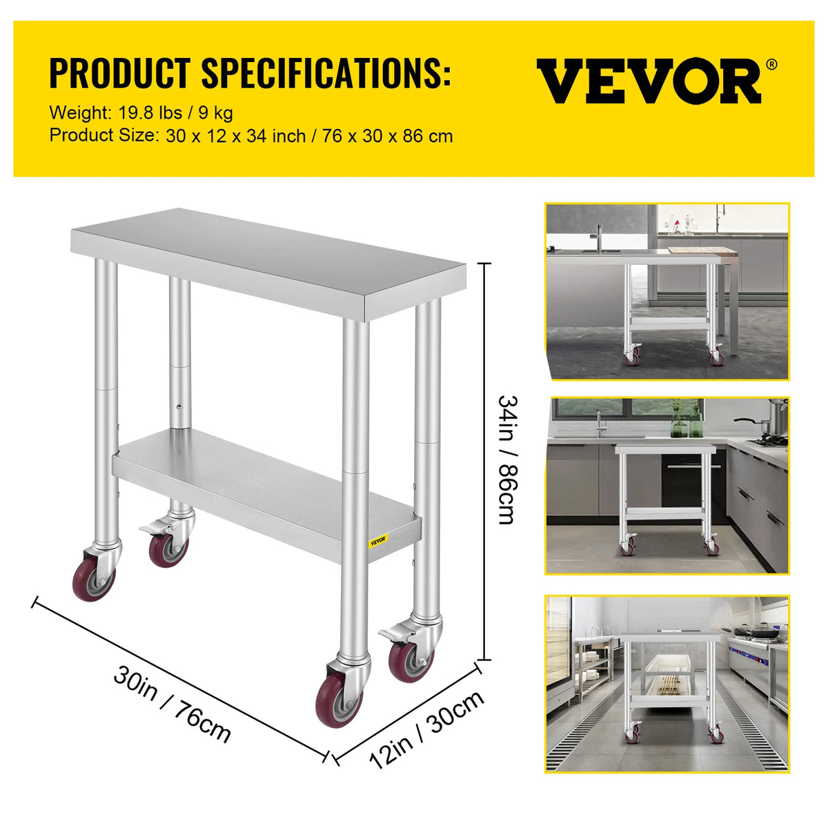 SucceBuy Stainless Steel Kitchen Worktable Shelves Commercial Work Bench Table with Caster Wheels for Home Restaurant Storage