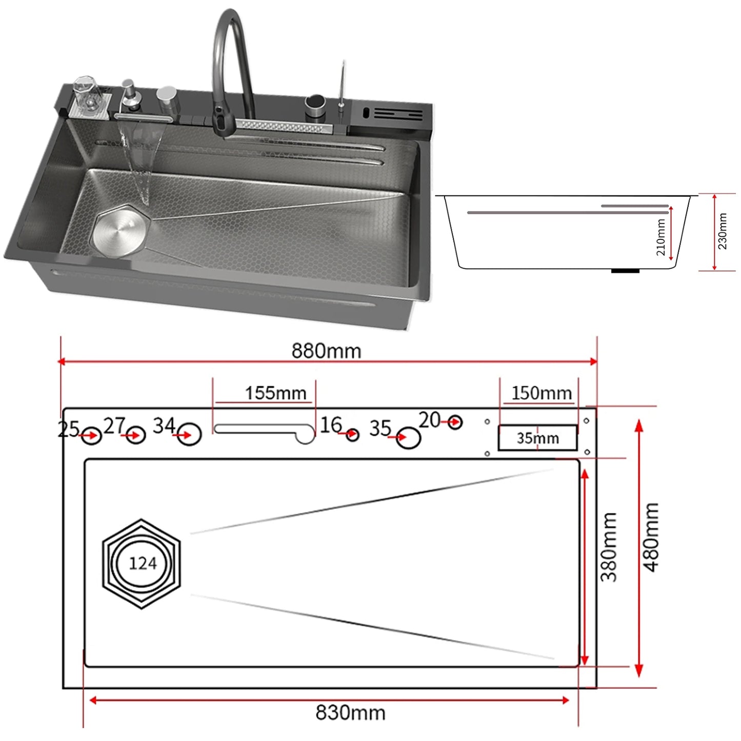 Stainless Steel Kitchen Sink Multifunctional Digital Display Waterfall Large Single Slot Ships from the U.S.