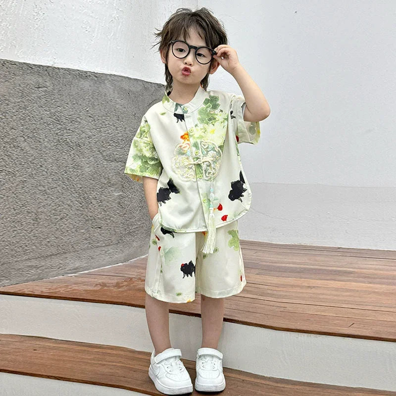 Fashion Baby Tang Costume Tops Pants Two-piece Set Boy Outfit Casual Children's Sets Summer Tweens Boys Hanfu Suit Kids Clothing