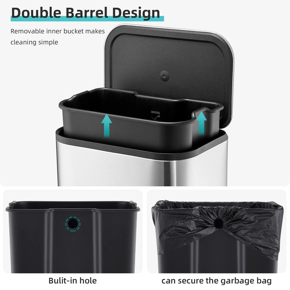 20/50L Stainless Steel Kitchen Trash Can Soft-Close Lid - Removable Inner Bucket  Hands-Free Step Pedal,Rectangular Wastebasket for Kitchen, Office, Bathroom, Bedroom