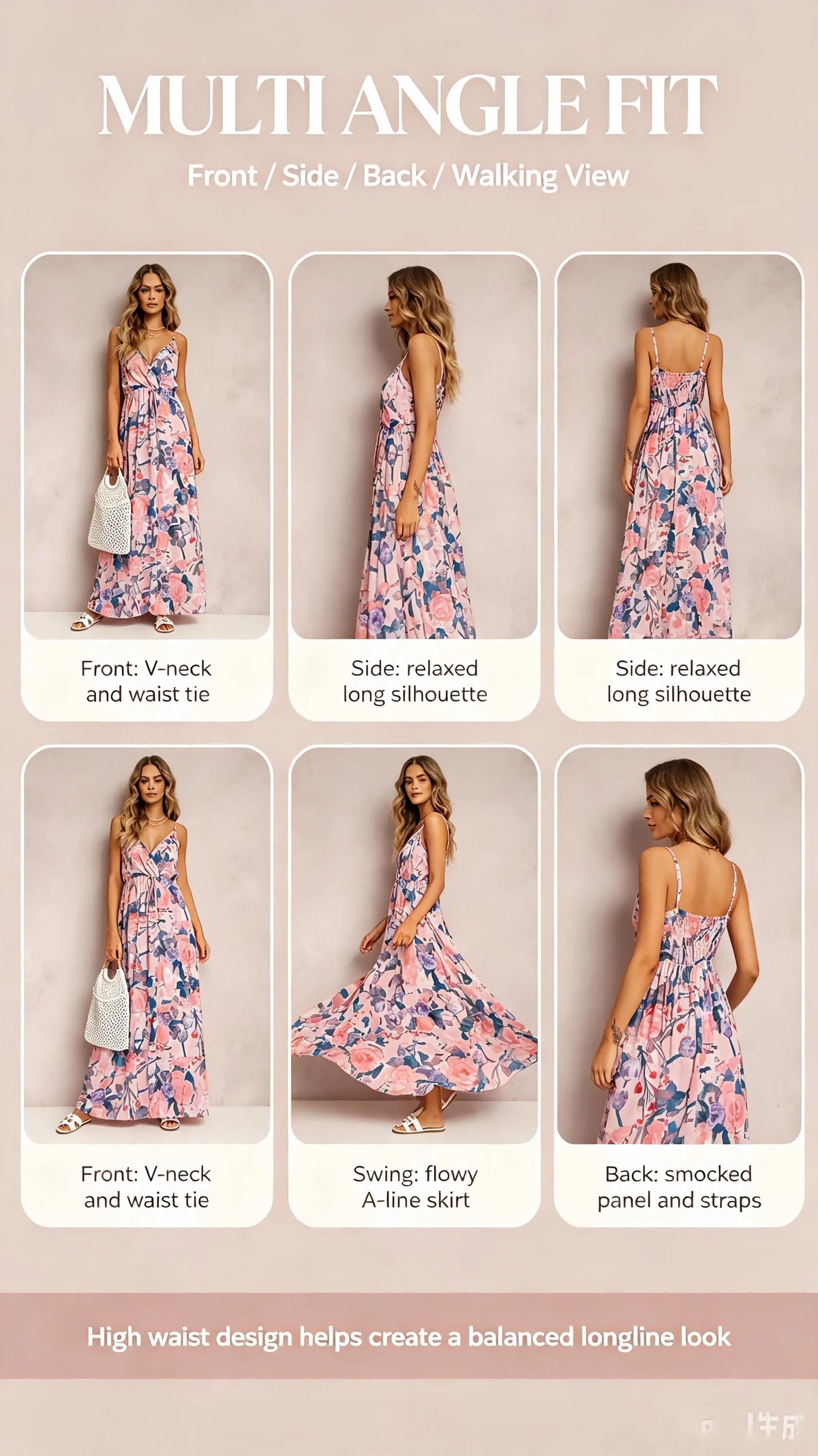 Women Watercolor Floral Print Maxi Dress V Neck Spaghetti Strap Tassel Tie Waist Smocked Back Summer Beach Holiday Casual Long Sundress