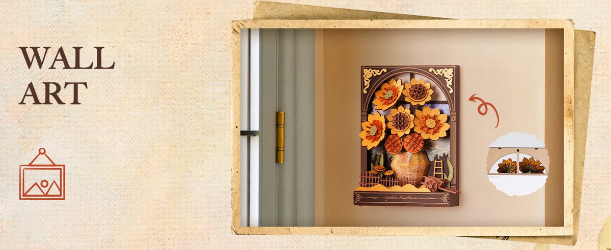 ROKR Wooden Flower Golden Sunflower Building Sets for Adult with Lights TH002, Van Gogh Wall Art Crafts, Painting Frame Room Decor, Valentine's Day/Anniversary/Birthday Gifts for Women, 266PCS