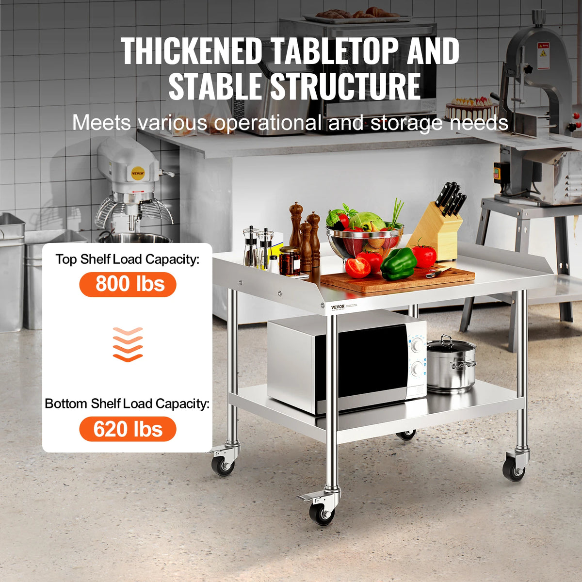 SucceBuy Stainless Steel Work Table Commercial Food Prep Worktable with 4 Wheels Heavy Duty Prep Worktable for Restaurant Home
