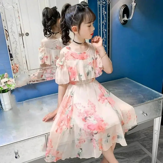 Summer Thin Girl Dress Floral Chiffon Princess Children's Dress Vestidos Summer Girls Casual Dresses Robe Fille Kids Clothes