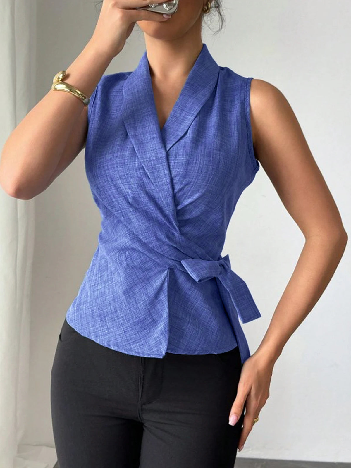 Women Blue Wrap Tie Waist Blouse Sleeveless V-Neck Slim Fit Office Casual Summer Top