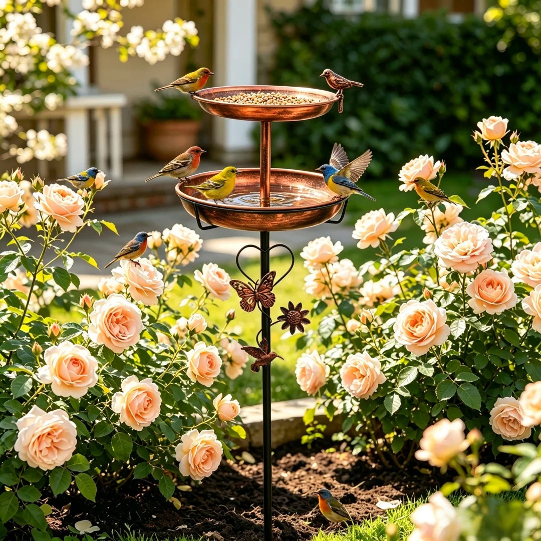 Outdoor Double-Layer Bird Feeder Birdbaths Bowl Freestanding Bird Bath Stand for Garden Yard Patio Decor with 5-Pronged Base