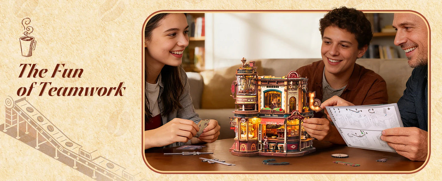 ROKR Wooden 3D Puzzle Dream Coffee Factory Music Box Model Building Kit 593-piece DIY Miniature House Kit with LED Light Unique Home Decor Gift for Adults Women