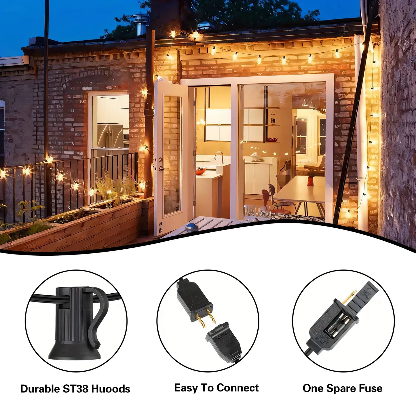 ST38 Solar String Lights 100FT Outdoor, 24 E12 LED Bulbs 2700K Warm White, Waterproof Shatterproof Black Wire Patio Lights