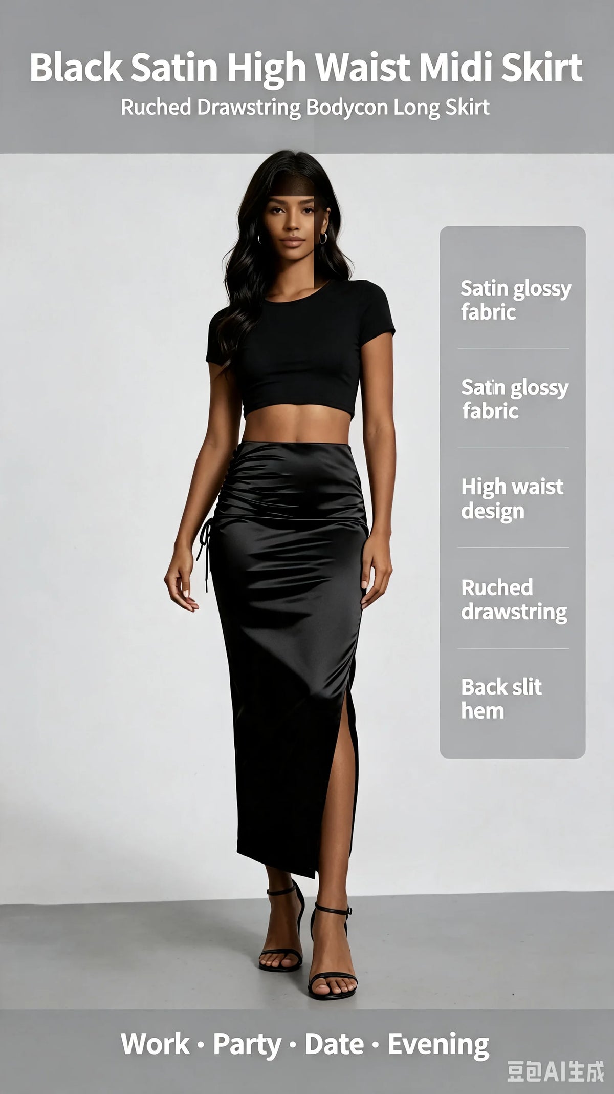 Women Black Satin High Waist Midi Skirt Ruched Drawstring Bodycon Long Skirt Elegant Club Party Evening Cocktail Wear