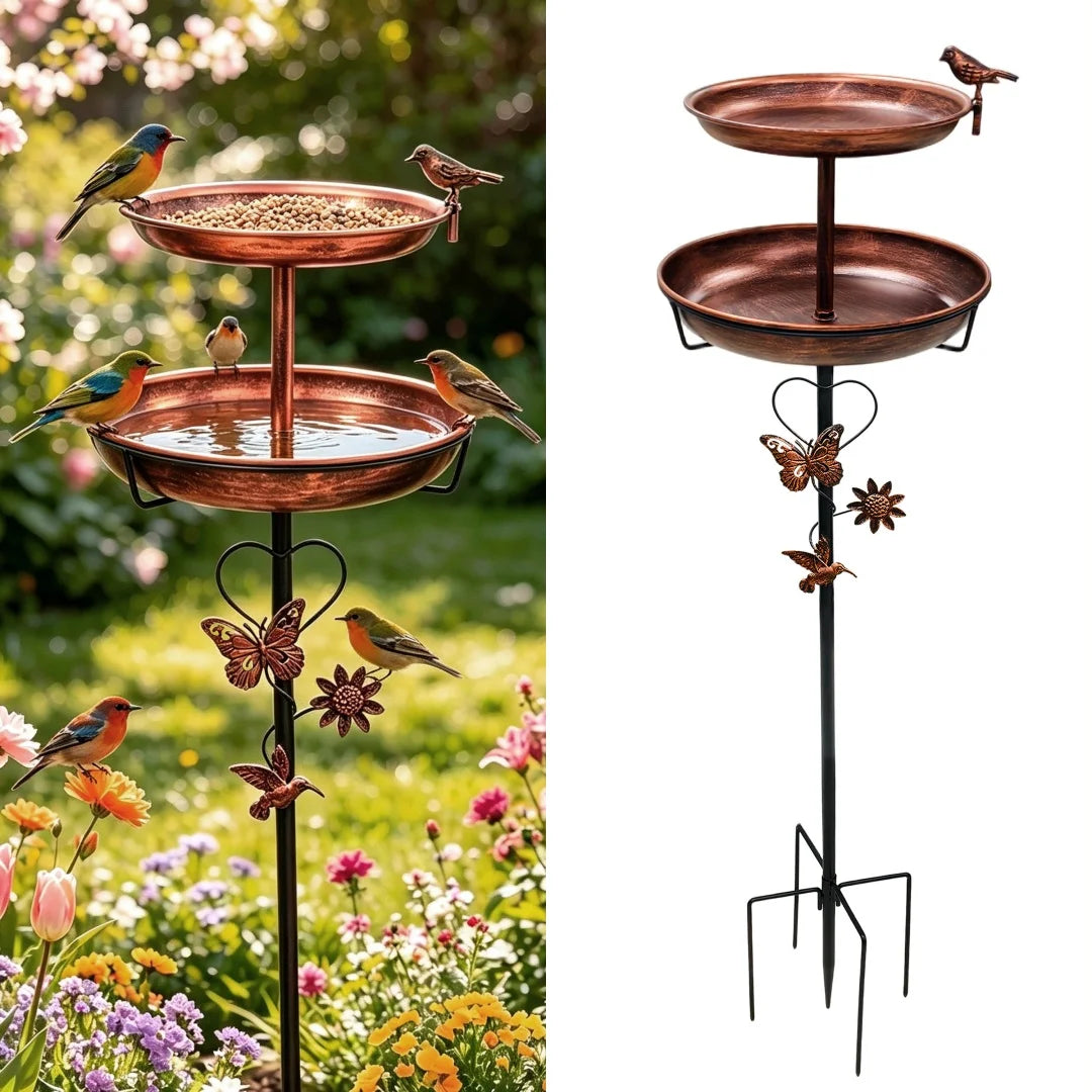 Outdoor Double-Layer Bird Feeder Birdbaths Bowl Freestanding Bird Bath Stand for Garden Yard Patio Decor with 5-Pronged Base