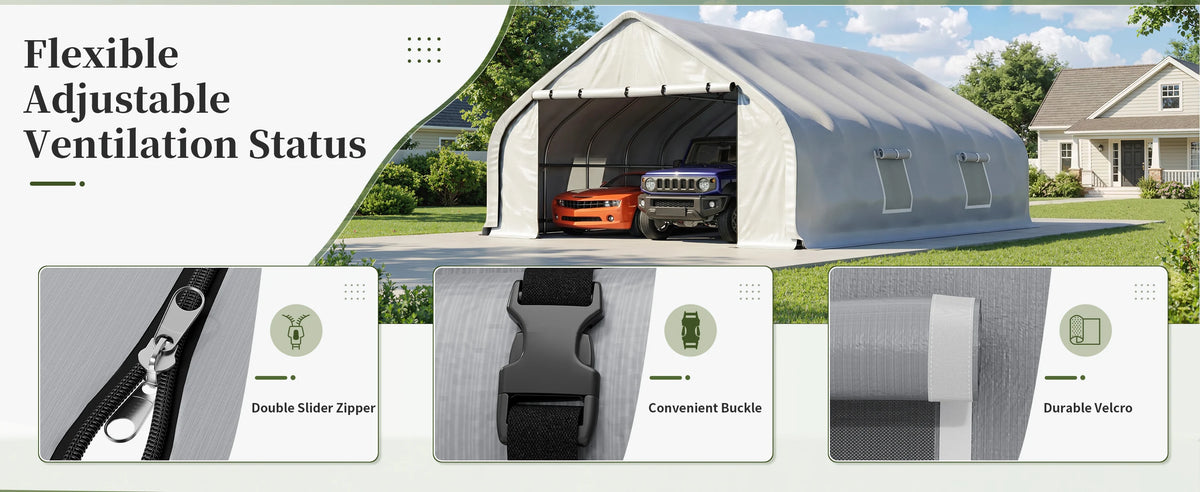 Polar Aurora 20x30 FT Heavy Duty Curved Carport, Portable Car Tent Garage with Reinforced Galvanized Steel Frame, Enclosed Car Port Canopy with Roll-Up Windows & Doors for Truck, Boat, Silver