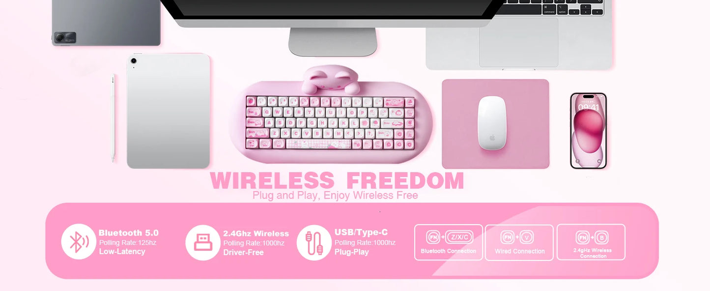 YUNZII C68 Wireless Gaming Keyboard, Hi-Fi Cute Cat Custom RGB Mechanical Keyboard, Silicone 65% Hot Swap Ergonomic Kitty Keeb