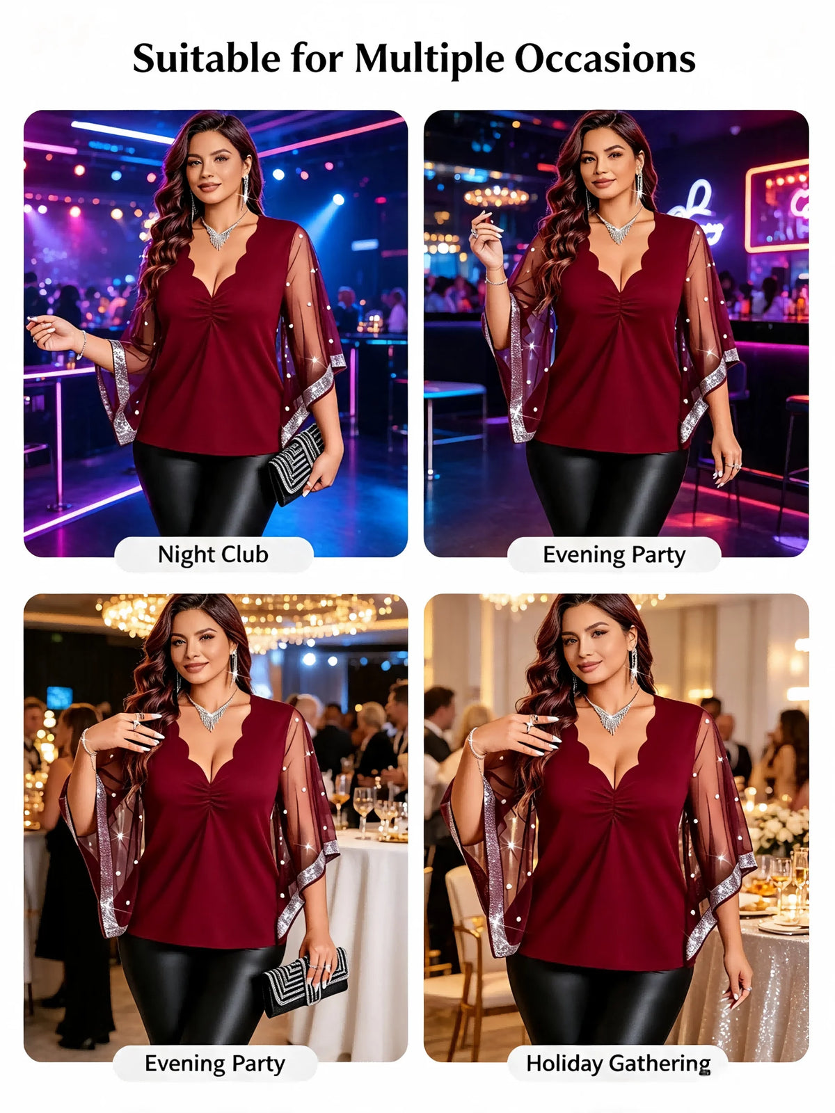 Plus Size Women Party Blouse Scallop V‑Neck Mesh Bell Sleeve Pearl Beaded Glitter Trim Burgundy Evening Clubwear Top